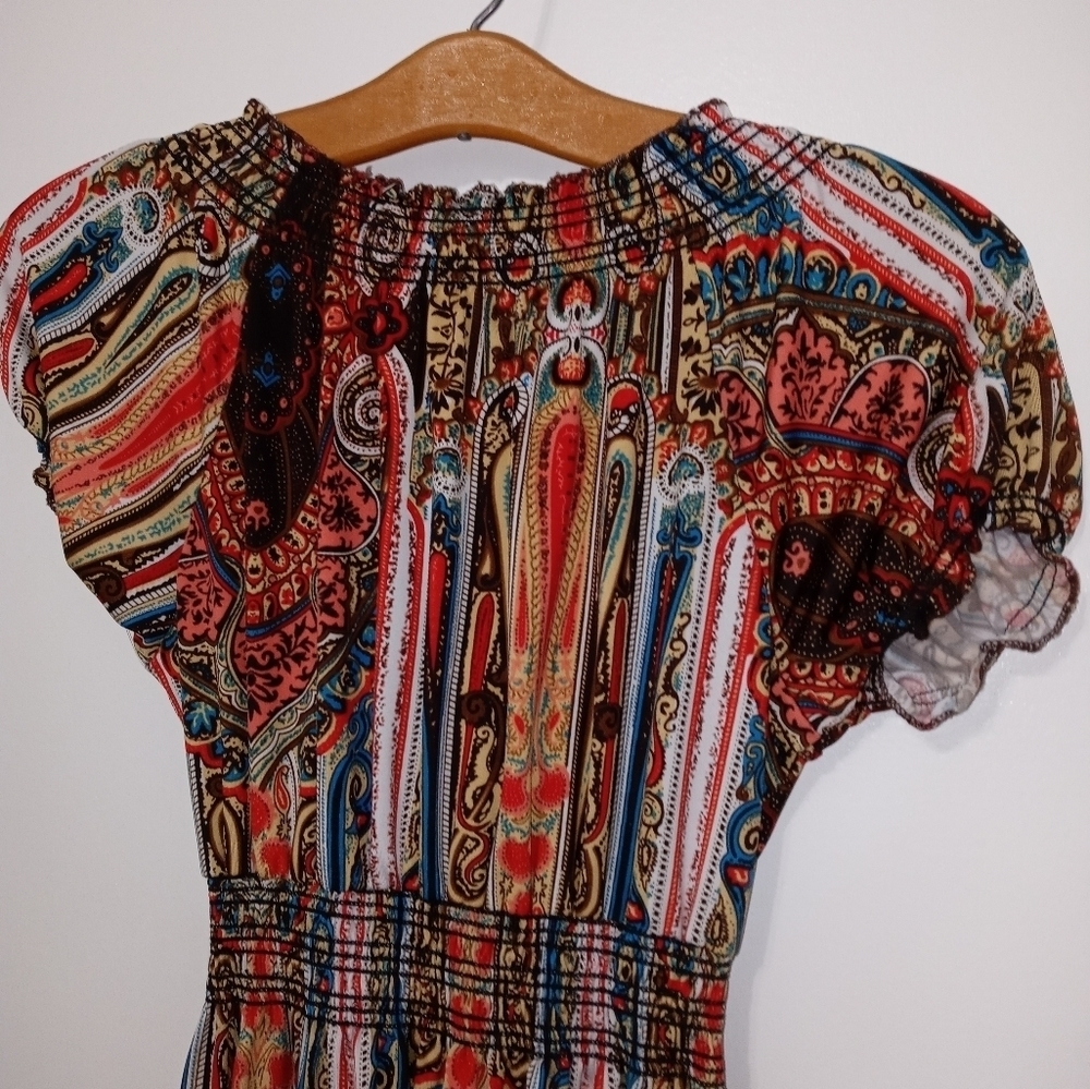 LAPAGEE PAISLEY LONGLINE CROSSOVER V NECK SMOCKED WAIST PRAIRIE STYLE DRESS M - Picture 6 of 15
